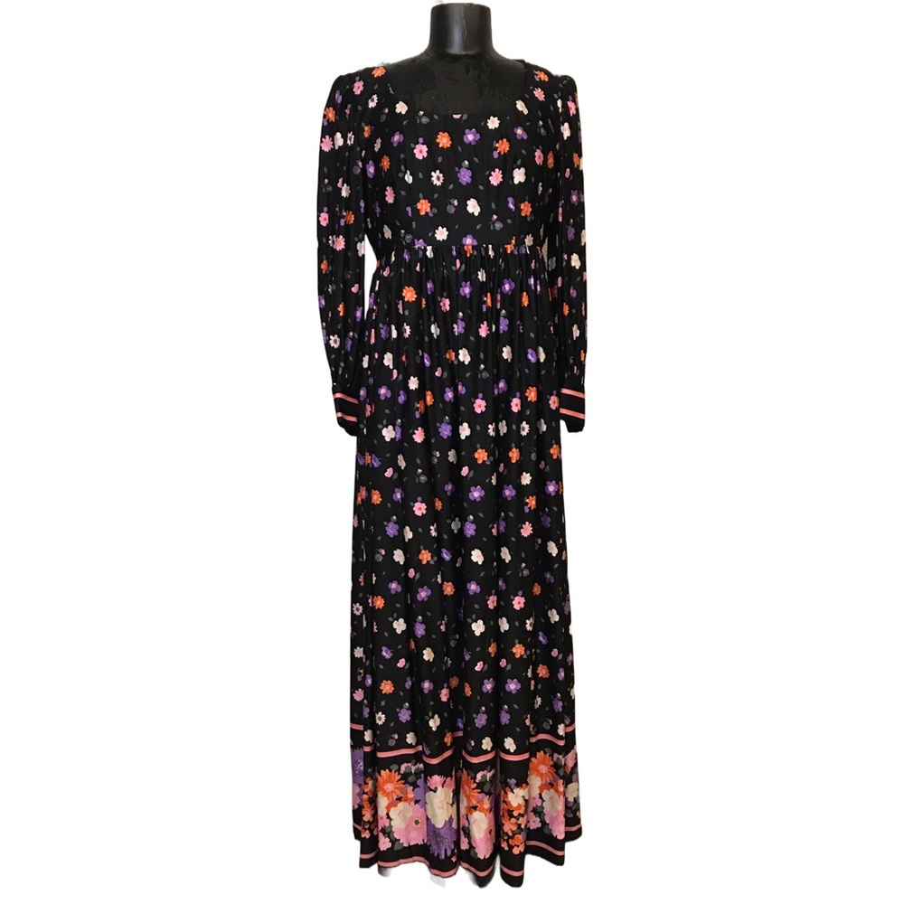 70s Maxi Black Floral Empire Waist Dress